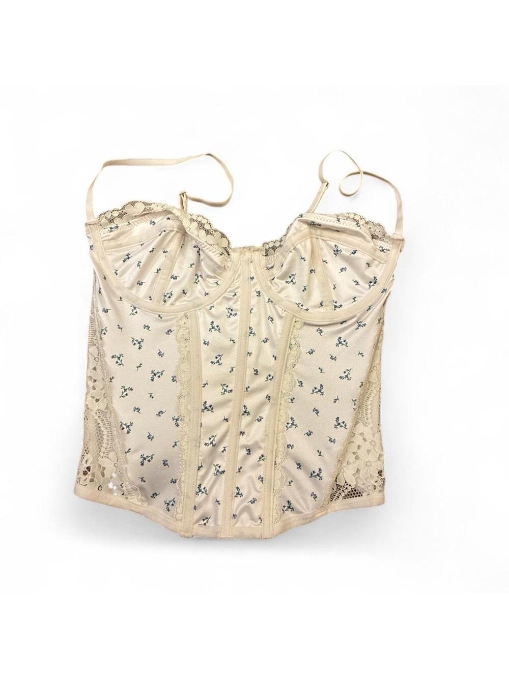 Cream and blue lace corset top with boning and adjustable straps women smal S